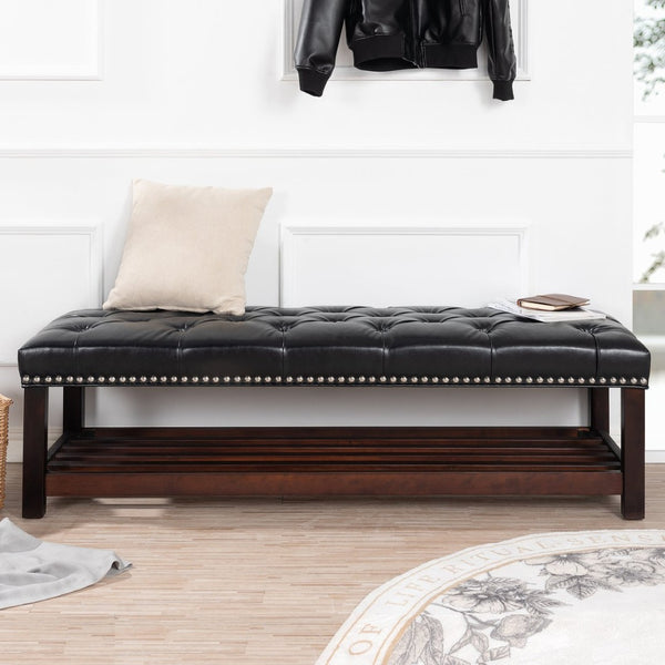 English Elm Wooden Frame Tufted Pu Leather Bench with Brass Nail Trim for Entryway or Bedroom W68053160