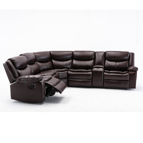 English Elm L Leather Power Reclining Sectional Sofa with USB Ports, Storage Console, Breathable Seating for 5 Brown W791S00001