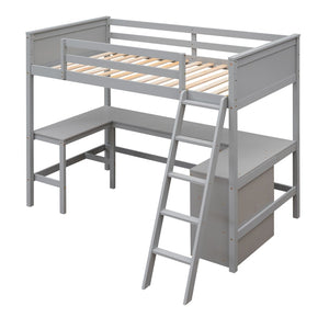 English Elm Twin Loft Bed with Desk and Shelves Solid Pine Kids Bedroom Space Saving Design Gray LT001537AAE