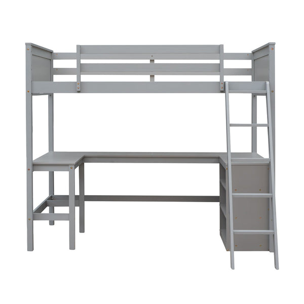 English Elm Twin Loft Bed with Desk and Shelves Solid Pine Kids Bedroom Space Saving Design Gray LT001537AAE