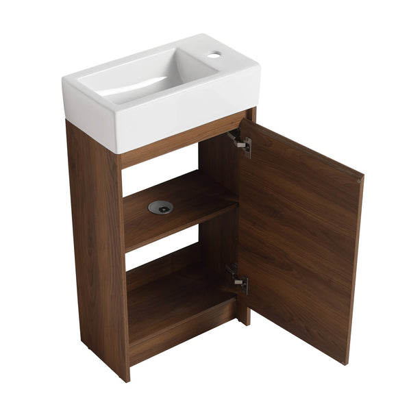 English Elm 18 Inch Freestanding Bathroom Vanity with Ceramic Basin, Adjustable Shelves, Soft-Close Doors, Water-Resistant Finish W99966401