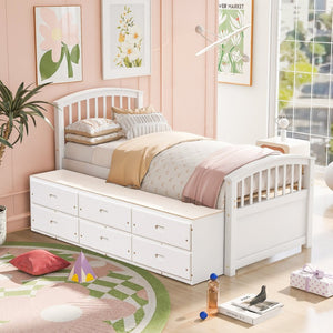 English Elm Twin Solid Pine Storage Bed with Six Built-in Drawers for Kids or Guest Rooms SG000121AAK