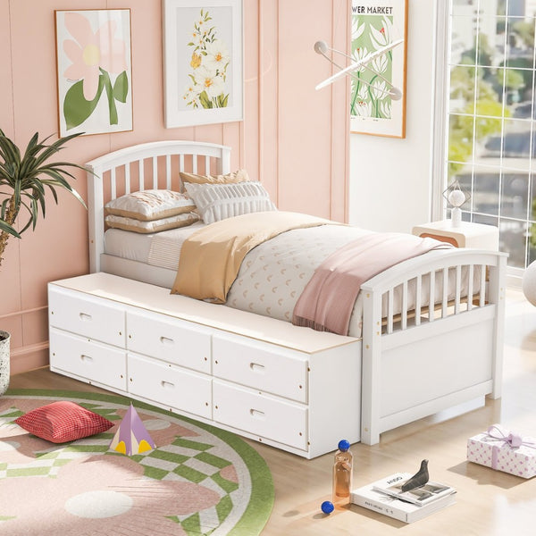 English Elm Twin Solid Pine Storage Bed with Six Built-in Drawers for Kids or Guest Rooms SG000121AAK
