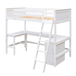 English Elm Twin Loft Bed with Built-in Desk and Open Shelves Solid Pine Kids Study Sleep White LT001537AAK-1