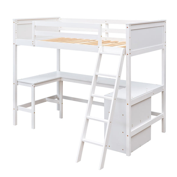 English Elm Twin Loft Bed with Built-in Desk and Open Shelves Solid Pine Kids Study Sleep White LT001537AAK-1