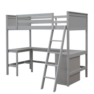 English Elm Twin Loft Bed with Desk and Shelves Solid Pine Kids Bedroom Space Saving Design Gray LT001537AAE