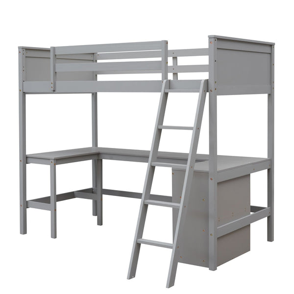 English Elm Twin Loft Bed with Desk and Shelves Solid Pine Kids Bedroom Space Saving Design Gray LT001537AAE