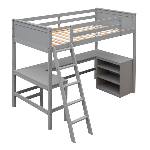 English Elm Twin Loft Bed with Desk and Shelves Solid Pine Kids Bedroom Space Saving Design Gray LT001537AAE