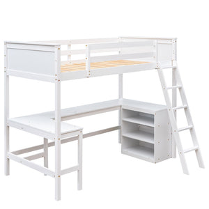 English Elm Twin Loft Bed with Built-in Desk and Open Shelves Solid Pine Kids Study Sleep White LT001537AAK-1