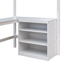 English Elm Twin Loft Bed with Desk and Shelves Solid Pine Kids Bedroom Space Saving Design White LT001537AAK