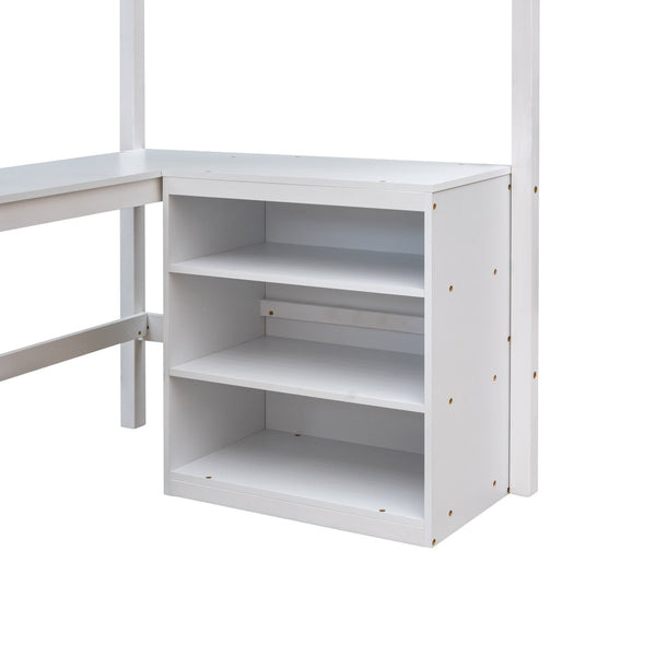English Elm Twin Loft Bed with Built-in Desk and Open Shelves Solid Pine Kids Study Sleep White LT001537AAK-1