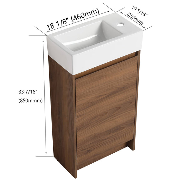 English Elm 18 Inch Freestanding Bathroom Vanity with Ceramic Basin, Adjustable Shelves, Soft-Close Doors, Water-Resistant Finish W99966401