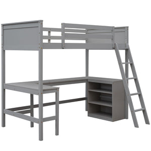 English Elm Twin Loft Bed with Desk and Shelves Solid Pine Kids Bedroom Space Saving Design Gray LT001537AAE