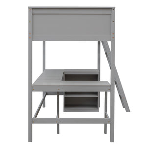 English Elm Twin Loft Bed with Desk and Shelves Solid Pine Kids Bedroom Space Saving Design Gray LT001537AAE