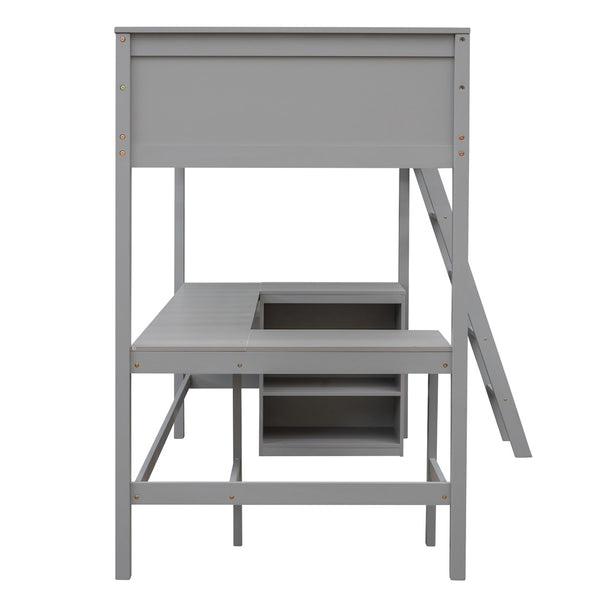 English Elm Twin Loft Bed with Desk and Shelves Solid Pine Kids Bedroom Space Saving Design Gray LT001537AAE
