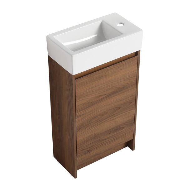 English Elm 18 Inch Freestanding Bathroom Vanity with Ceramic Basin, Adjustable Shelves, Soft-Close Doors, Water-Resistant Finish W99966401