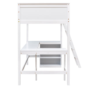 English Elm Twin Loft Bed with Built-in Desk and Open Shelves Solid Pine Kids Study Sleep White LT001537AAK-1