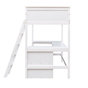 English Elm Twin Loft Bed with Built-in Desk and Open Shelves Solid Pine Kids Study Sleep White LT001537AAK-1