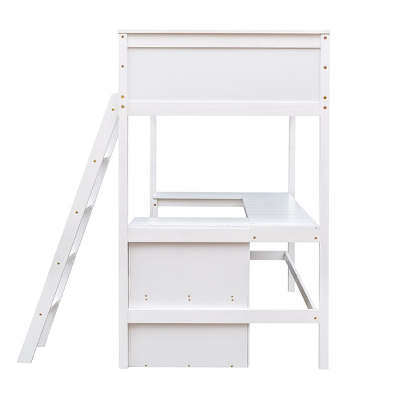 English Elm Twin Loft Bed with Built-in Desk and Open Shelves Solid Pine Kids Study Sleep White LT001537AAK-1