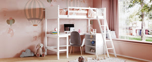 English Elm Twin Loft Bed with Built-in Desk and Open Shelves Solid Pine Kids Study Sleep White LT001537AAK-1