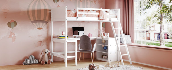 English Elm Twin Loft Bed with Built-in Desk and Open Shelves Solid Pine Kids Study Sleep White LT001537AAK-1