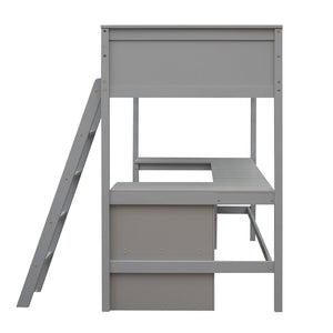 English Elm Twin Loft Bed with Desk and Shelves Solid Pine Kids Bedroom Space Saving Design Gray LT001537AAE