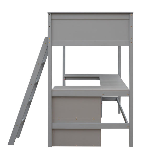 English Elm Twin Loft Bed with Desk and Shelves Solid Pine Kids Bedroom Space Saving Design Gray LT001537AAE