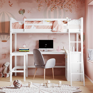 English Elm Twin Loft Bed with Built-in Desk and Open Shelves Solid Pine Kids Study Sleep White LT001537AAK-1