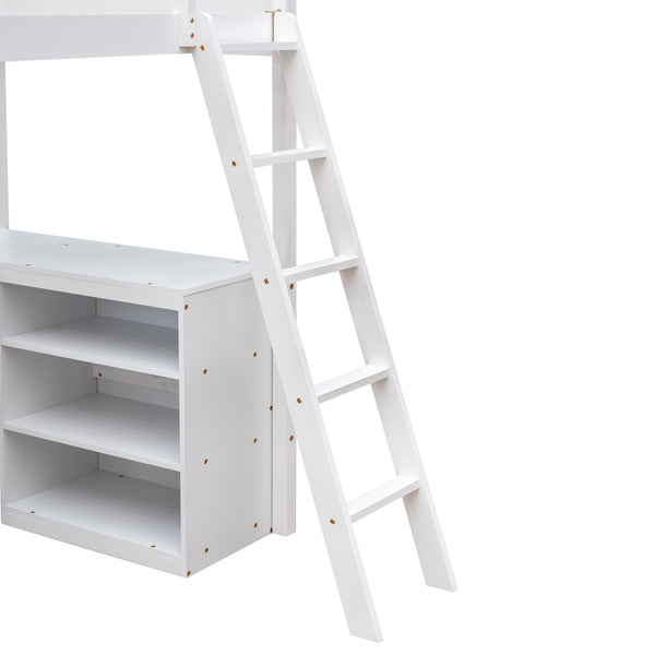 English Elm Twin Loft Bed with Desk and Shelves Solid Pine Kids Bedroom Space Saving Design White LT001537AAK