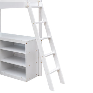 English Elm Twin Loft Bed with Built-in Desk and Open Shelves Solid Pine Kids Study Sleep White LT001537AAK-1