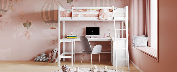 English Elm Twin Loft Bed with Built-in Desk and Open Shelves Solid Pine Kids Study Sleep White LT001537AAK-1