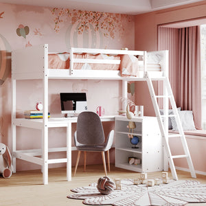 English Elm Twin Loft Bed with Built-in Desk and Open Shelves Solid Pine Kids Study Sleep White LT001537AAK-1