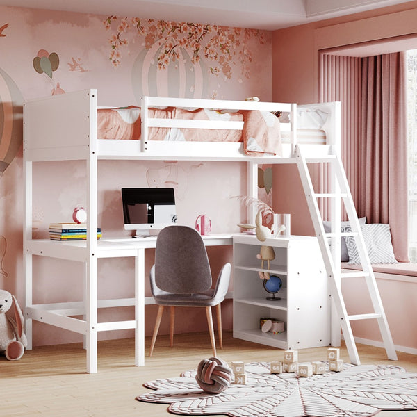 English Elm Twin Loft Bed with Built-in Desk and Open Shelves Solid Pine Kids Study Sleep White LT001537AAK-1