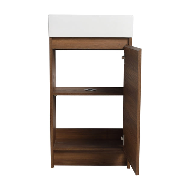 English Elm 18 Inch Freestanding Bathroom Vanity with Ceramic Basin, Adjustable Shelves, Soft-Close Doors, Water-Resistant Finish W99966401
