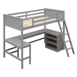 English Elm Twin Loft Bed with Desk and Shelves Solid Pine Kids Bedroom Space Saving Design Gray LT001537AAE