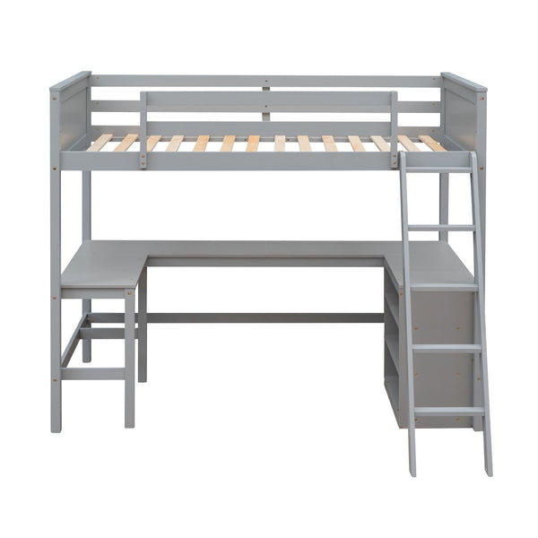 English Elm Twin Loft Bed with Desk and Shelves Solid Pine Kids Bedroom Space Saving Design Gray LT001537AAE