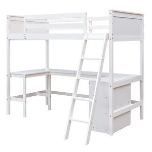 English Elm Twin Loft Bed with Desk and Shelves Solid Pine Kids Bedroom Space Saving Design White LT001537AAK