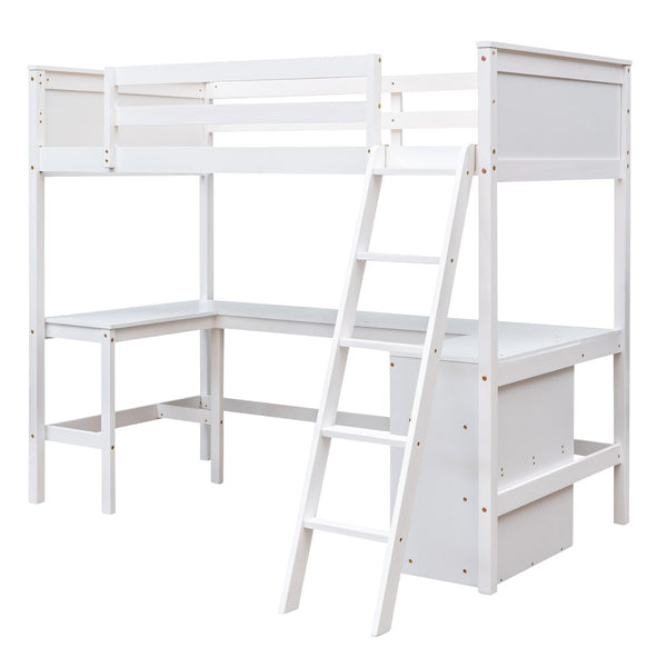 English Elm Twin Loft Bed with Built-in Desk and Open Shelves Solid Pine Kids Study Sleep White LT001537AAK-1