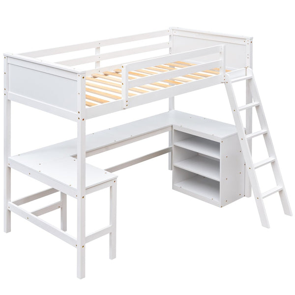 English Elm Twin Loft Bed with Desk and Shelves Solid Pine Kids Bedroom Space Saving Design White LT001537AAK