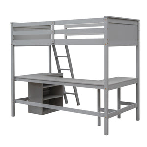 English Elm Twin Loft Bed with Desk and Shelves Solid Pine Kids Bedroom Space Saving Design Gray LT001537AAE