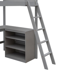 English Elm Twin Loft Bed with Desk and Shelves Solid Pine Kids Bedroom Space Saving Design Gray LT001537AAE