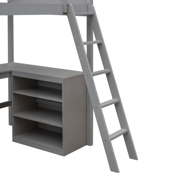 English Elm Twin Loft Bed with Desk and Shelves Solid Pine Kids Bedroom Space Saving Design Gray LT001537AAE