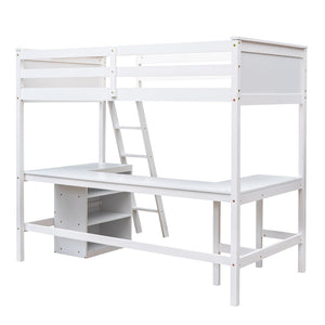 English Elm Twin Loft Bed with Built-in Desk and Open Shelves Solid Pine Kids Study Sleep White LT001537AAK-1