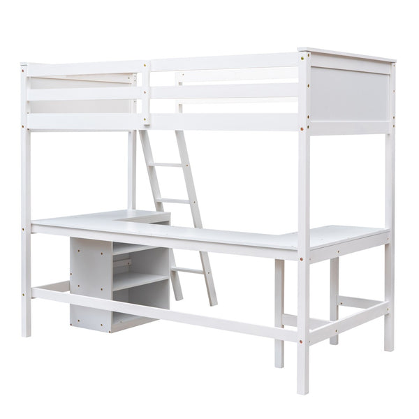 English Elm Twin Loft Bed with Built-in Desk and Open Shelves Solid Pine Kids Study Sleep White LT001537AAK-1