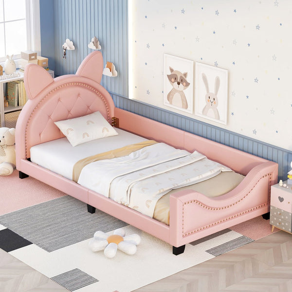 English Elm Twin Upholstered Daybed with Cute Carton-Ears Headboard, Pink PU Leather, Pine Frame, Modern Low Profile WF296296AAH