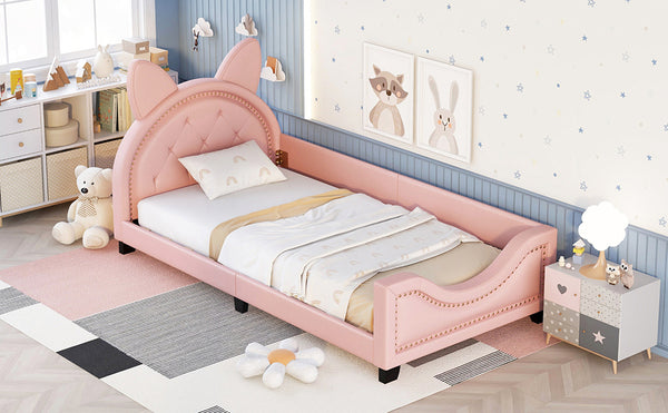 English Elm Twin Upholstered Daybed with Cute Carton-Ears Headboard, Pink PU Leather, Pine Frame, Modern Low Profile WF296296AAH