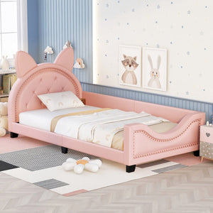 English Elm Twin Upholstered Daybed with Cute Carton-Ears Headboard, Pink PU Leather, Pine Frame, Modern Low Profile WF296296AAH