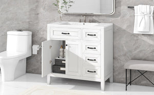 English Elm 36" Freestanding Bathroom Vanity Solid Rubberwood Cabinet with Ceramic Sink and Three Drawers White JL000007AAK-6