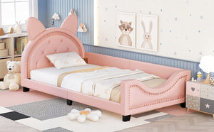 English Elm Twin Upholstered Daybed with Cute Carton-Ears Headboard, Pink PU Leather, Pine Frame, Modern Low Profile WF296296AAH