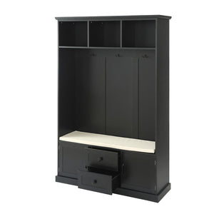 English Elm U-can Entryway Hall Tree with Crown Molding Beadboard Bench and Concealed Cabinet Storage Black JY000112AAB